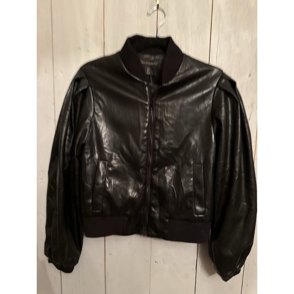 House of Harlow 1960 Black Vegan Faux Leather Bomber Jacket S Puff Sleeves 349$